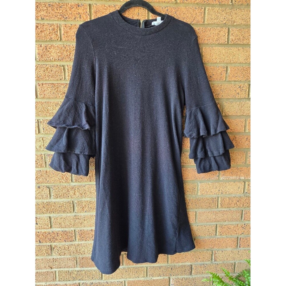 Downeast Black Tiered Ruffle Bell Sleeve Shift Dress XL Made in USA
